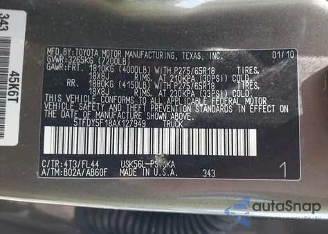2010 Toyota Tundra Grade 5.7L V8 from USA, damaged, VIN 5TFDY5F18AX127949